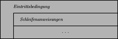 \begin{picture}(90.00,30.00)
\put(0.00,0.00){\line(1,0){90.00}}
\put(90.00,0.00)...
...Schleifenanweisungen}}}
\put(50.00,5.00){\makebox(0,0)[cc]{. . .}}
\end{picture}